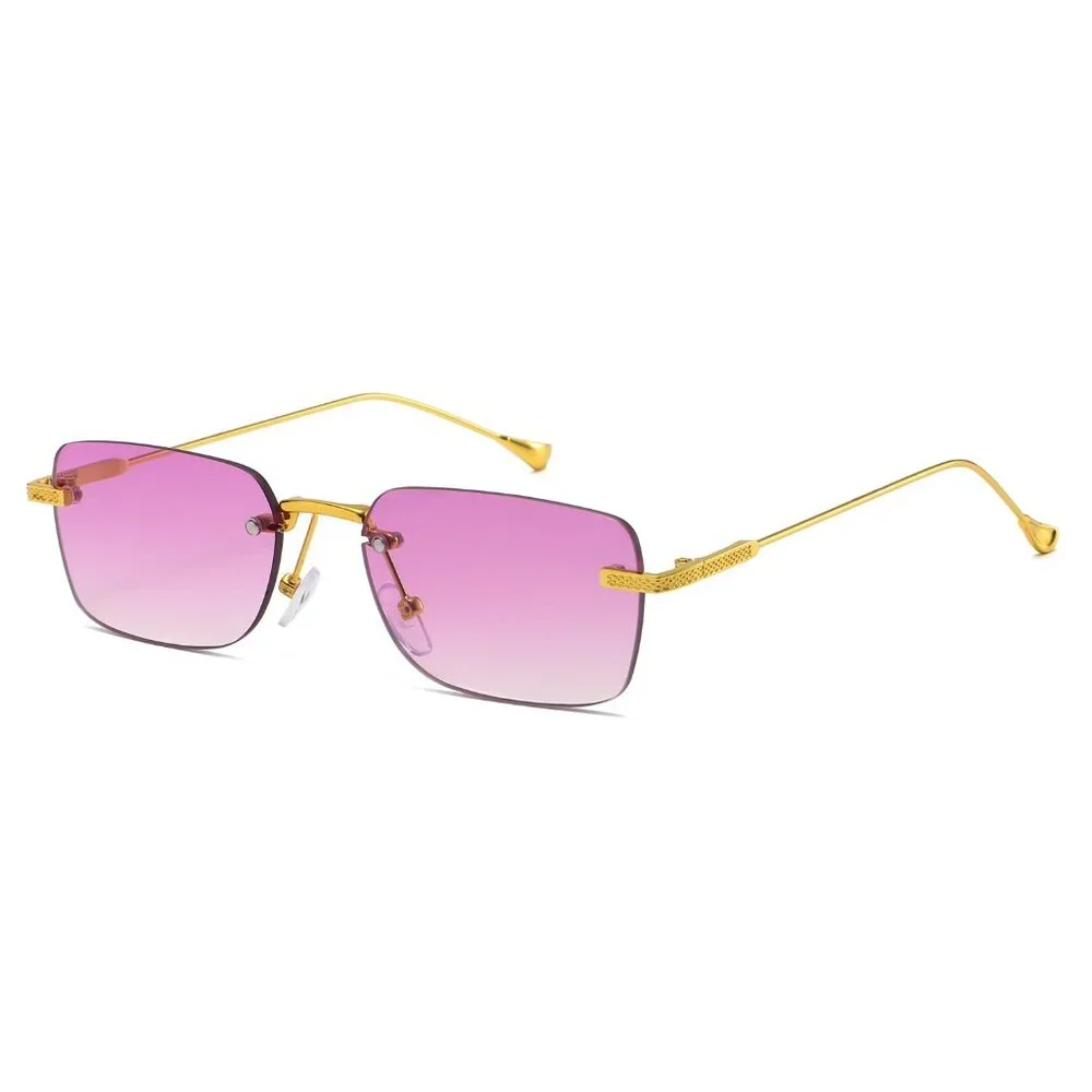 Men Sunglasses Hip Hop Shades Metal Gold Rimless Rapper Square Purple Lens Gafas